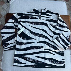 CHICOS nwt zebra stripe black & white cashmere sequin 1/4 zip sweater sz m